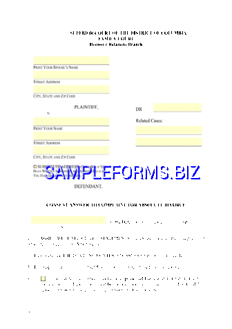 District of Columbia Consent Answer to Complaint for Absolute Divorce Form pdf free